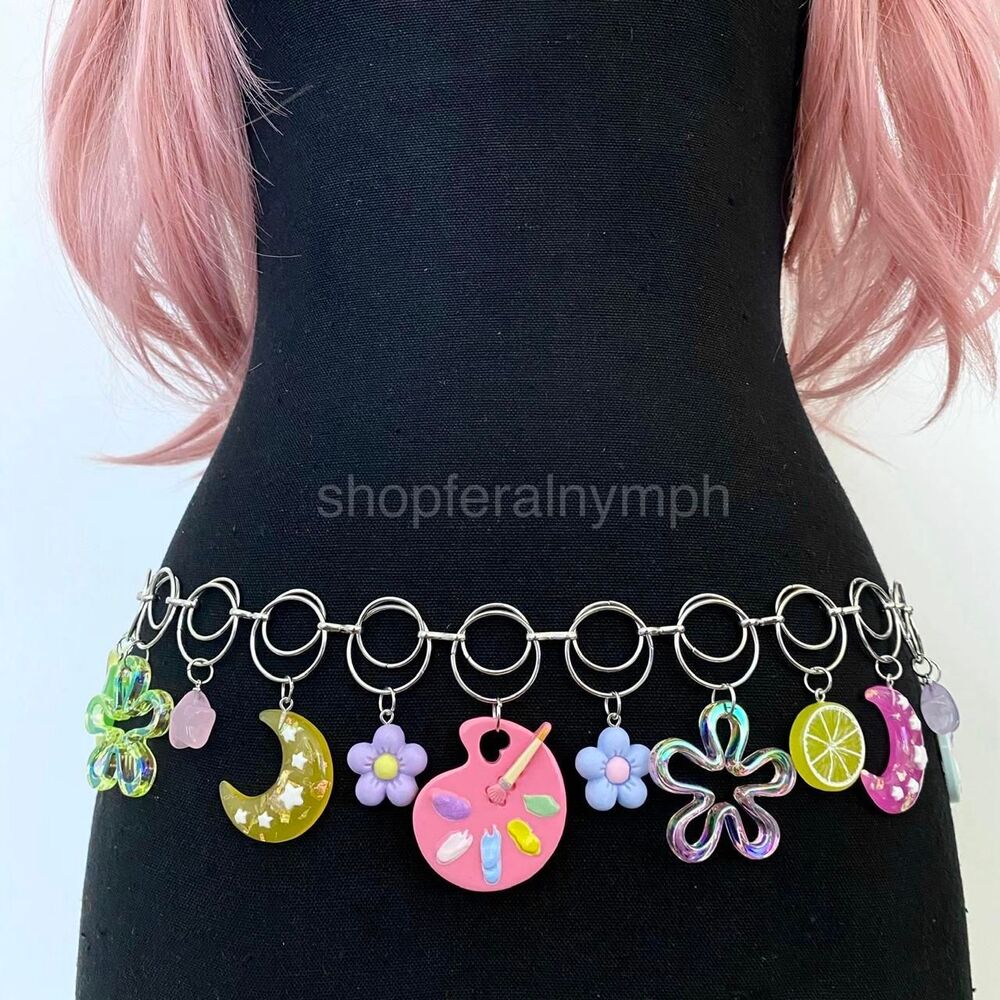 Silver Harajuku Y2K Dopamine Upcycled Chain Belt, Fits 21-40 Inches, X7GA1397